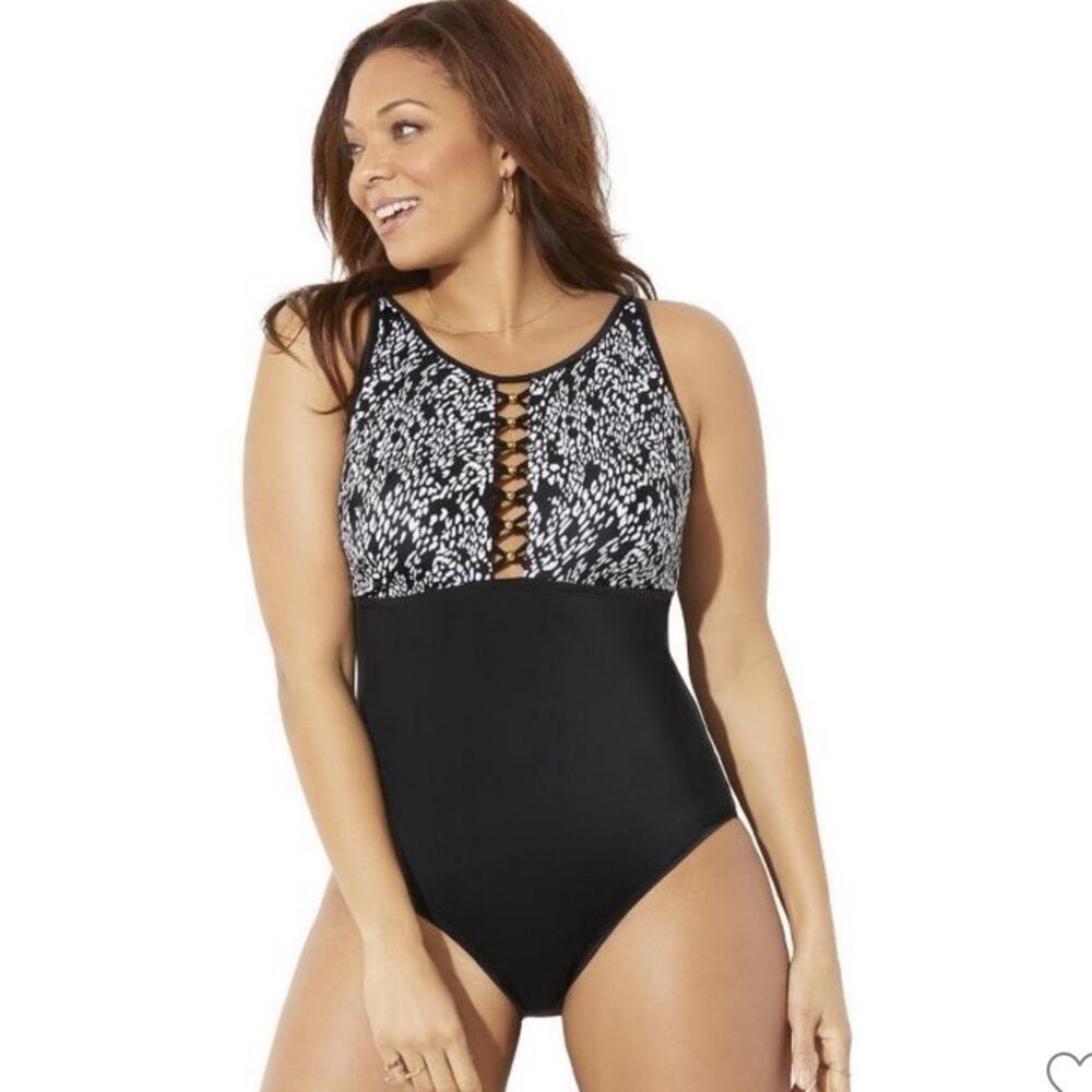 Swimsuits for‎ All Black White High Neck One Piece Swimsuit NWT Size 4